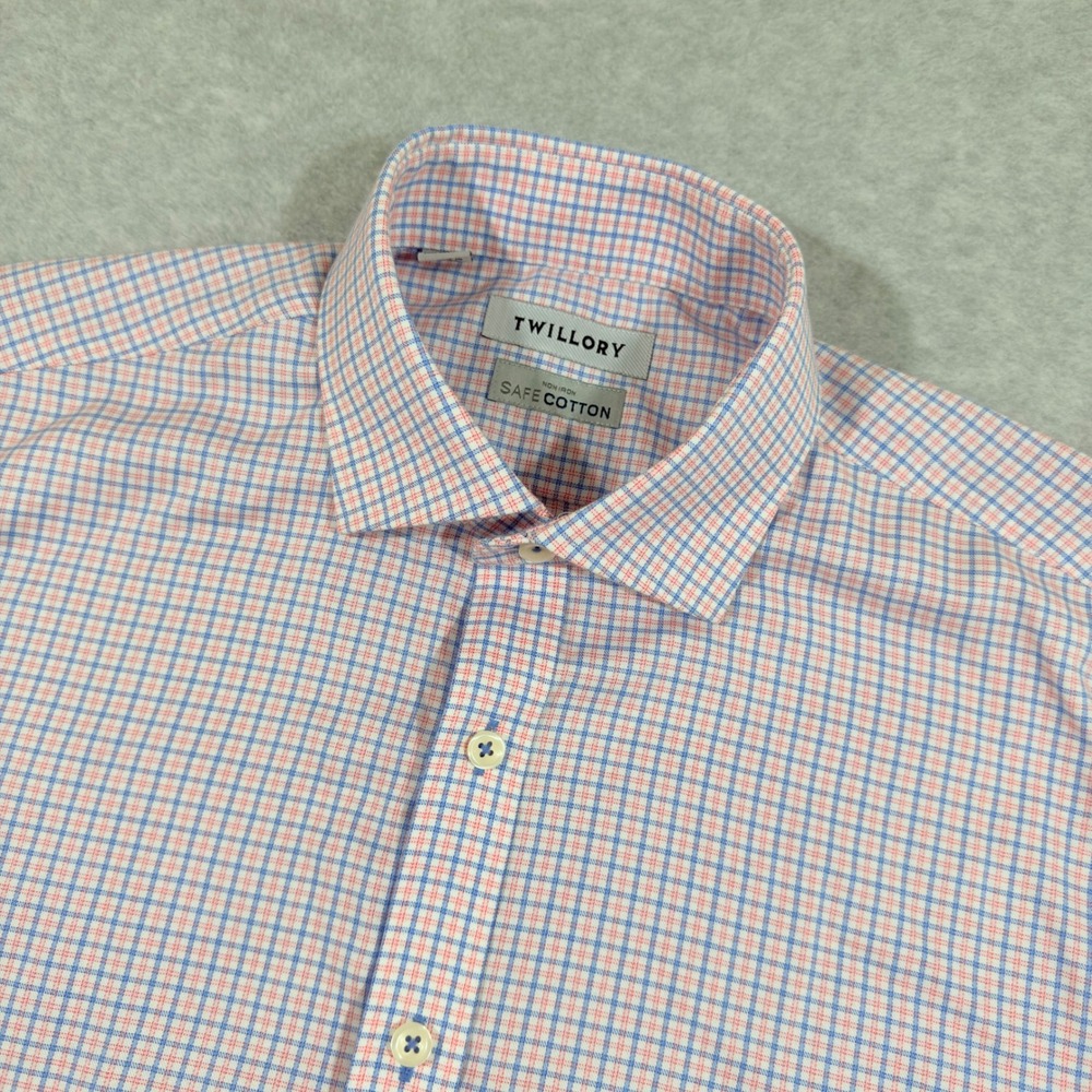 Twillory Dress Shirt Mens 16 34/35 Blue Red Plaid Tailored Fit Non-Iron Cotton